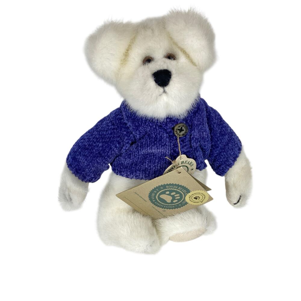 Boyds Collection 1999 20th Anniversary White Bear Plush Toy Blue Sweater 8" - Picture 2 of 12